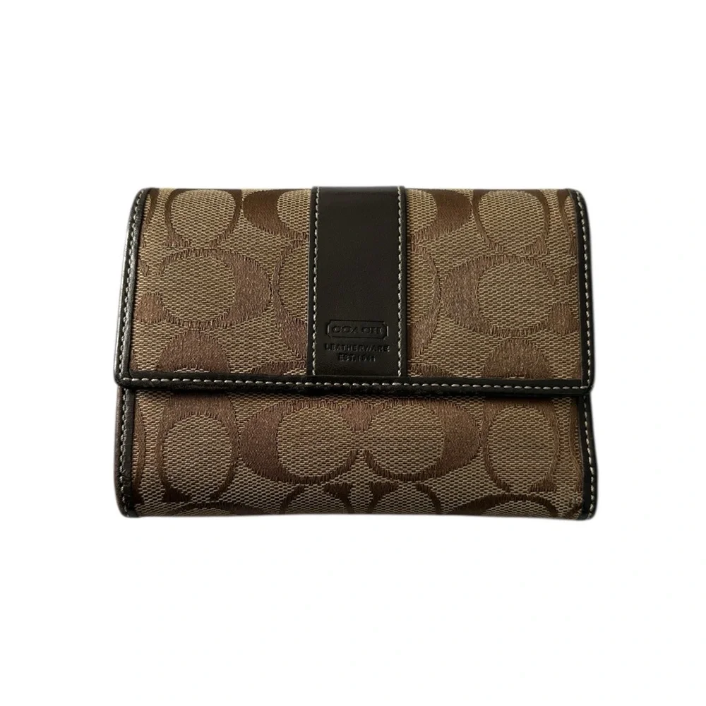 COACH EUC Brown and Tan Signature C Jacquard Trifold Wallet